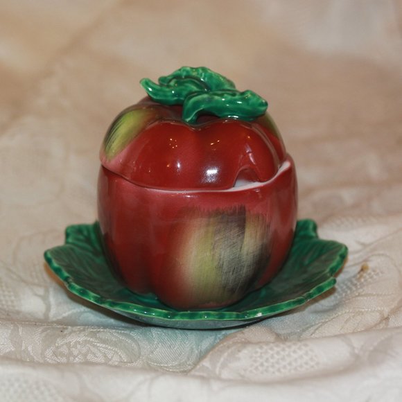 Vintage TOS Japan Jar Fruit Apple Condiment Sugar Lidded Dish W / Attached Plate - Picture 1 of 3